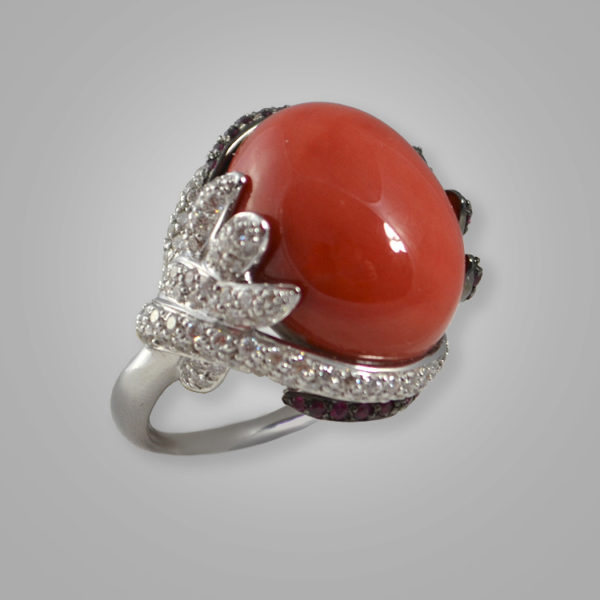 Red Coral with Diamonds Ring