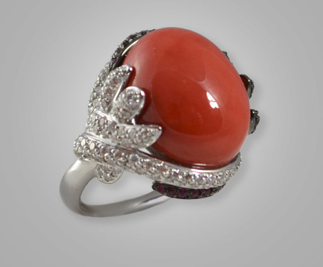 Red Coral with Diamonds Ring