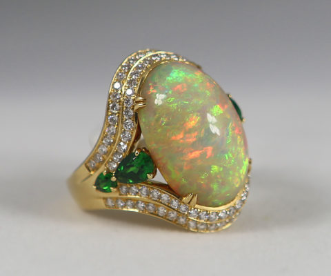Fire Opal, Tsavorite & Diamond Ring