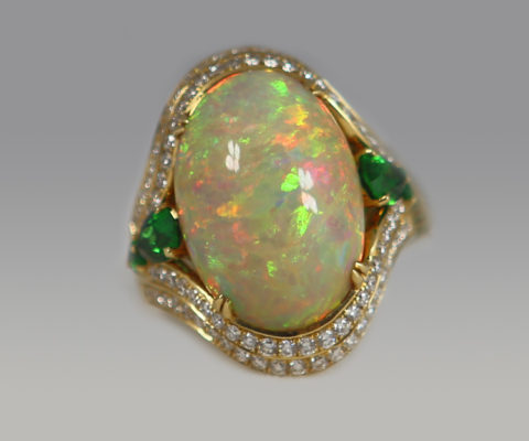 Fire Opal, Tsavorite & Diamond Ring